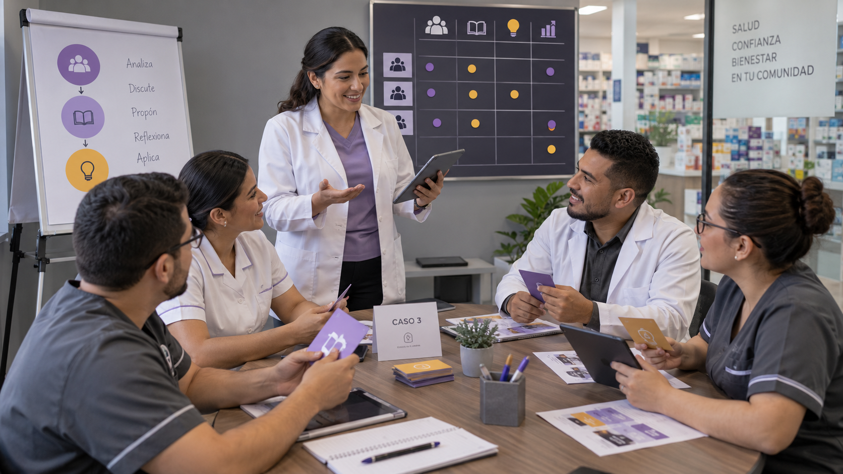 Personal de farmacia participa en una capacitación basada en dinámicas de juego, preguntas y casos prácticos